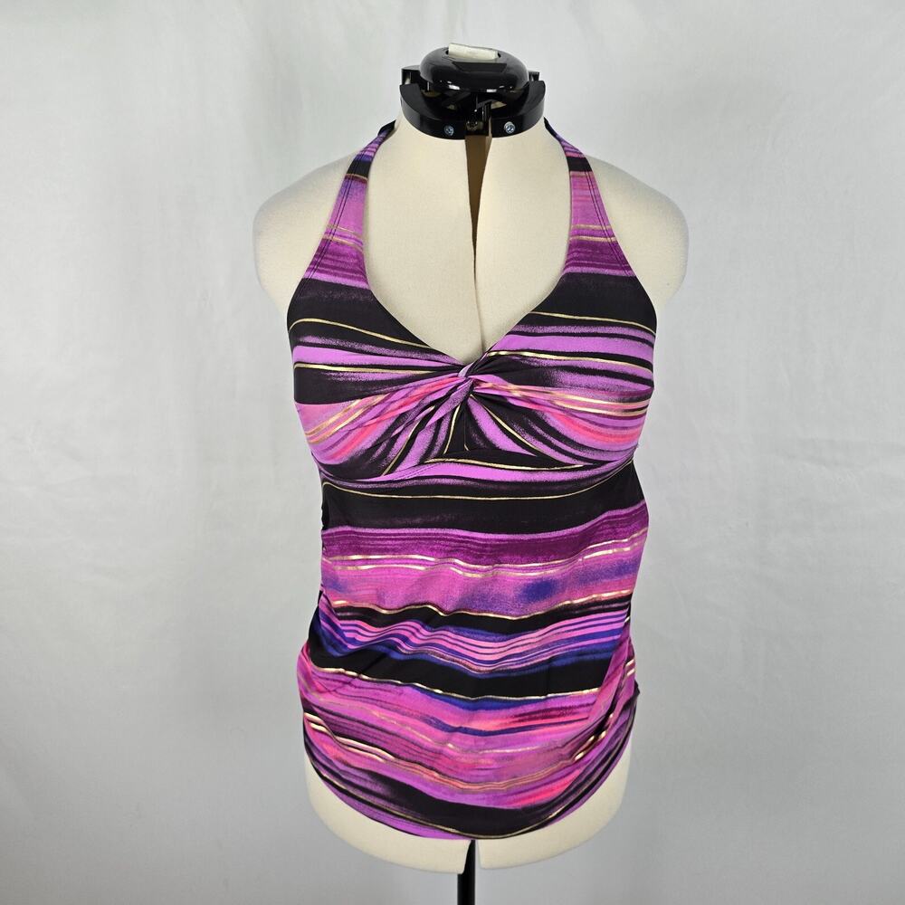 Liz Lang Maternity Tankini Top Women's S Black Pink Stripe Halter Gathered